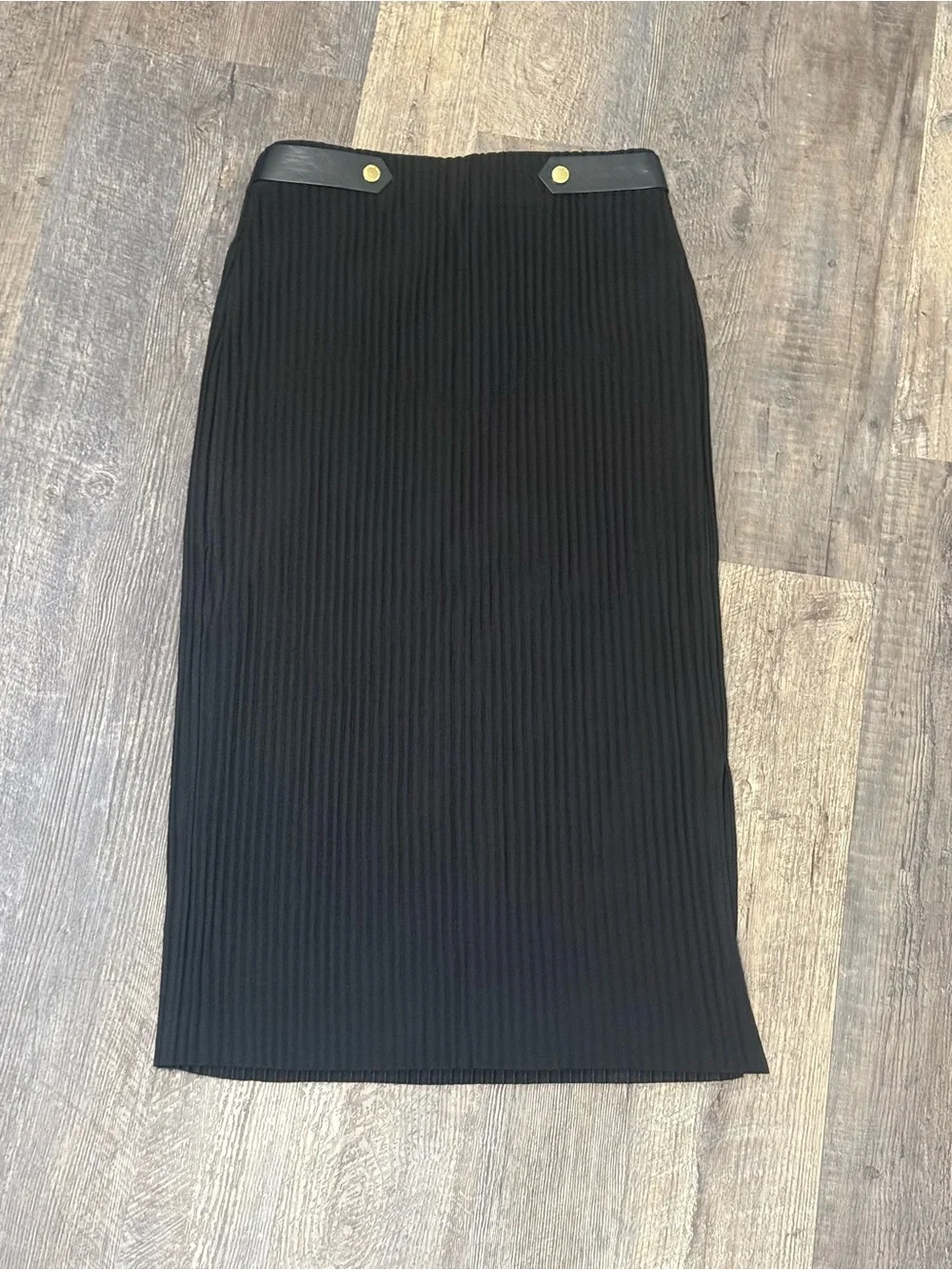 Black Ribbed Midi Skirt with Gold Button Accents - Women